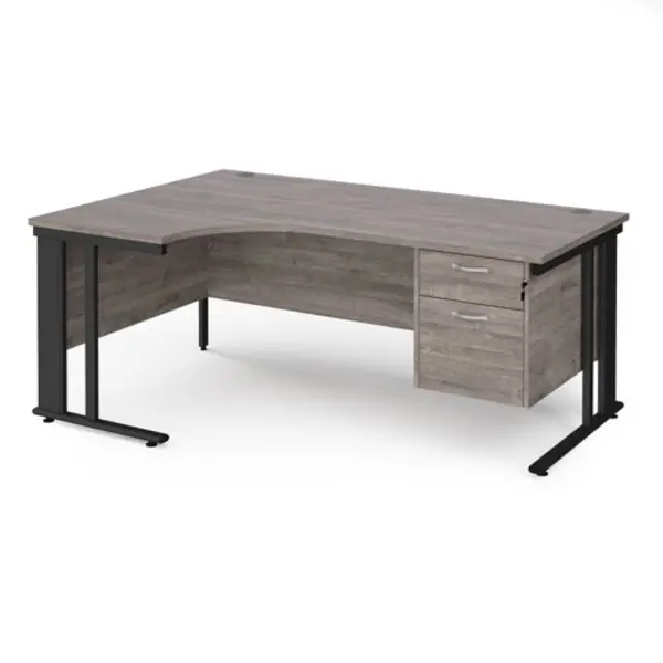 Maestro 25 left hand ergonomic desk 1800mm wide with 2 drawer pedestal - Black cable managed leg frame, grey oak top