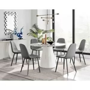 Furniture Box Palma White Marble Effect Round Dining Table and 6 Grey Corona Black Leg Chairs