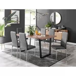 Furniture Box Kylo Brown Wood Effect Dining Table and 6 Grey Velvet Milan Chairs