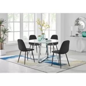 Furniture Box Santorini White Round Table and 4 Black Corona Black Leg Chairs