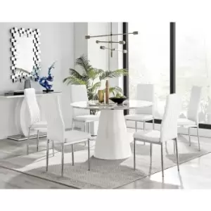 Furniturebox Palma White Marble Effect 120cm Round Minimalist Dining Table & 6 White Milan Chrome Leg Faux Leather Chairs