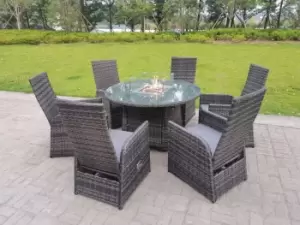 Fimous 6 Seater Outdoor Light Grey Rattan Lounge Complete Dining Table Set with Gas Fire Pit Dining Table and Heater