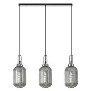 Luminosa Linear 3 Light Pendant E27 With 20cm Tubular Ribbed Glass, Smoked Polished Nickel, Matt Black