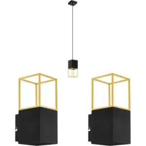 Ceiling Pendant Light & 2x Matching Wall Lights Black & Gold Sqaure Shade Lamp