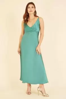 Green Satin Strappy Wrap Dress