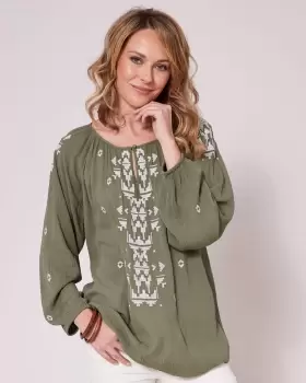 Cotton Traders Womens Embroidered Crinkle Long Sleeve Blouse in Green