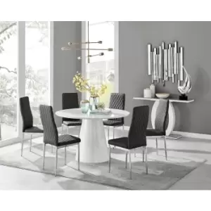 Furniturebox Palma White High Gloss 6 Seat Minimalist Post Modern Round Dining Table & 6 Black Milan Chrome Leg Faux Leather Chairs