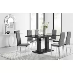 Furniturebox UK - Furniturebox Imperia 6 High Gloss Black Modern Dining Table and 6 Grey Milan Faux Leather Dining Chairs With Silver Legs Diamond