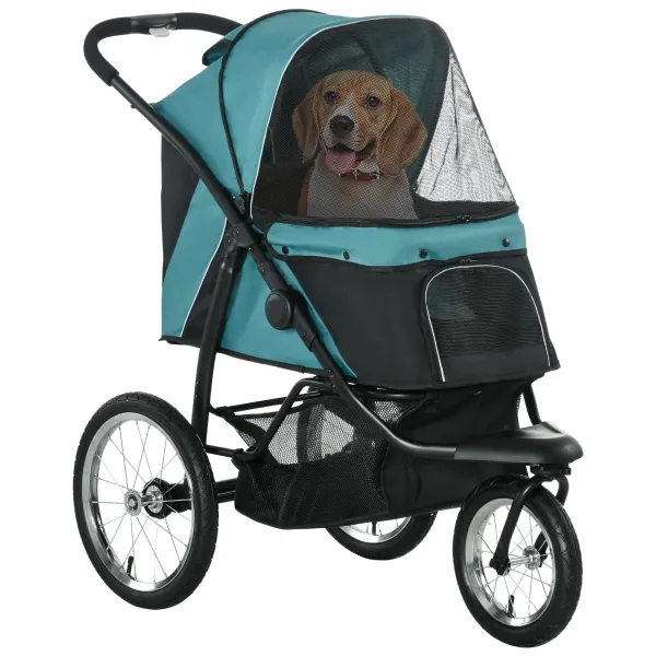 PawHut Pet Stroller Jogger for Medium, Small Dogs, Foldable Cat Pram Dog Pushchair w/ Adjustable Canopy, 3 Big Wheels - Dark Green