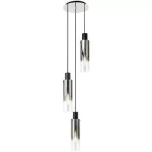 Luminosa Round Pendant, 3 Light Adjustable E27, Black, Smoke Fade Glass