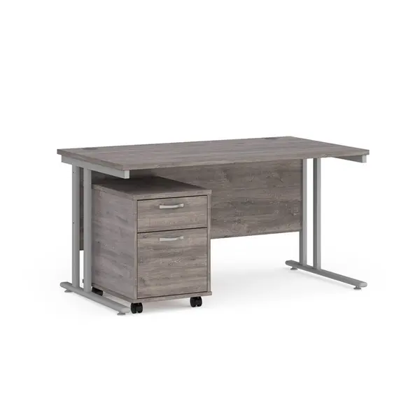 Maestro 25 Straight Desk with Silver Cantilever Frame and 2 Drawer Pedestal - Grey Oak - 1400mm x 800mm