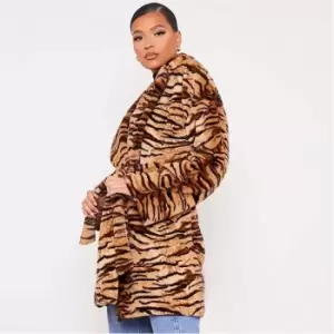 I Saw It First Tiger Print Faux Fur Belted Coat - Black