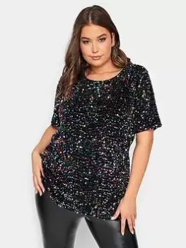 Yours Sequin Rainbow Velvet Front T Shirt, Black, Size 20, Women