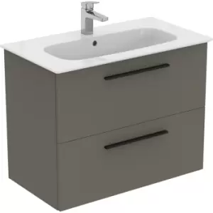 Ideal Standard i. life A Double Drawer Wall Hung Unit with Basin Matt 800mm with Matt Black Handles in Quartz Grey