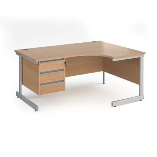 Office Desk Right Hand Corner Desk 1600mm With Pedestal Beech Top With Silver Frame 1200mm Depth Contract 25 CC16ER3-S-B