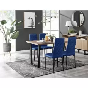 Furniturebox UK - Furniturebox Kylo Brown Wood Effect Dining Table & 4 Navy Milan Velvet Dining Chairs With Black Legs Diamond Stitch Modern