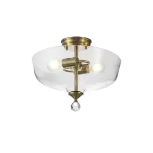 Dresden 2 Light Semi Flush Ceiling Lamp E27 With Flat Round 38cm Glass Shade Antique Brass, Clear