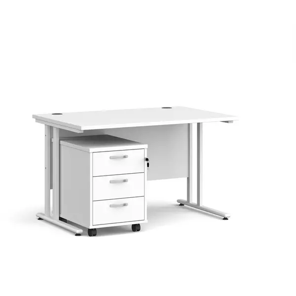 Maestro 25 Straight Desk White Frame White Table Top and 3 Drawer Pedestal - 1200mm