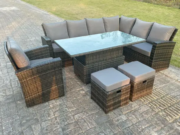 Fimous 7 Seater Outdoor Dark Mixed Grey Rattan Lounge Complete Sofa Set with Adjustable Table and 2 Stools