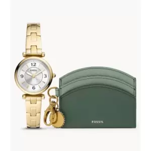 Fossil Womens Carlie Three-Hand Gold-Tone Stainless Steel Watch And Card Case Box Set - Gold