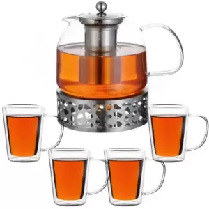 Tea Pot Glass 1.5L incl. Warmer & Tea Glasses 4Pcs