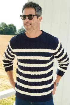 Stripe Cotton Cable Knit Crew Neck Jumper