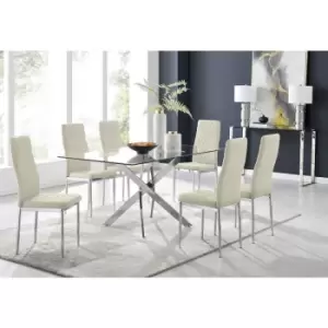 Furniturebox UK - Furniturebox Leonardo 6 Chrome Leg Glass Dining Table and 6 Cream Milan Velvet Dining Chairs Diamond Stitch Modern Contemporary