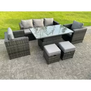 Fimous 5 Seater Dark Grey Outdoor Rattan Adjustable Rising Dining Sofa Complete Set with Reclining Table and 2 Stools