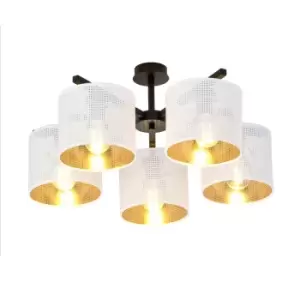 Emibig Jordan Black Multi Arm Semi Flush Ceiling light with White, Gold Fabric Shades, 5x E27