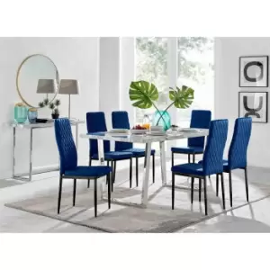 Furniture Box Kylo White Marble Effect Dining Table and 6 Navy Velvet Milan Black Leg Chairs