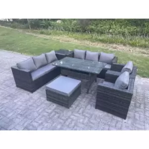 Fimous 8 Seater Dark Grey Outdoor Rattan Lounge Complete Sofa Set with Rectangular Dining Table and Big Footstool