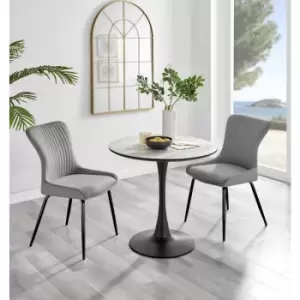 Furniturebox UK - Furniturebox Elina White Marble Effect Modern 80cm Round Dining Table & 2 Light Grey Nora Black Leg Velvet Chairs