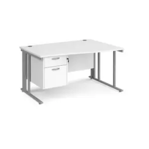 Office Desk Right Hand Wave Desk 1400mm With Pedestal White Top With Silver Frame Maestro 25 MCM14WRP2SWH