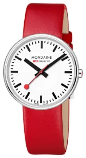 Mondaine Mini Giant BackLight RedLeather Strap White Dial Watch