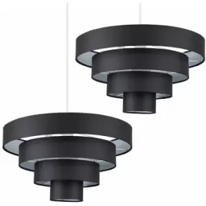 Minisun - 2 x - 4 Tier Black Fabric Ceiling Pendant Light Shades