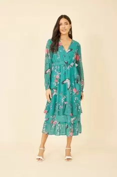 Green Crane Print Long Sleeve Wrap Midi Dress