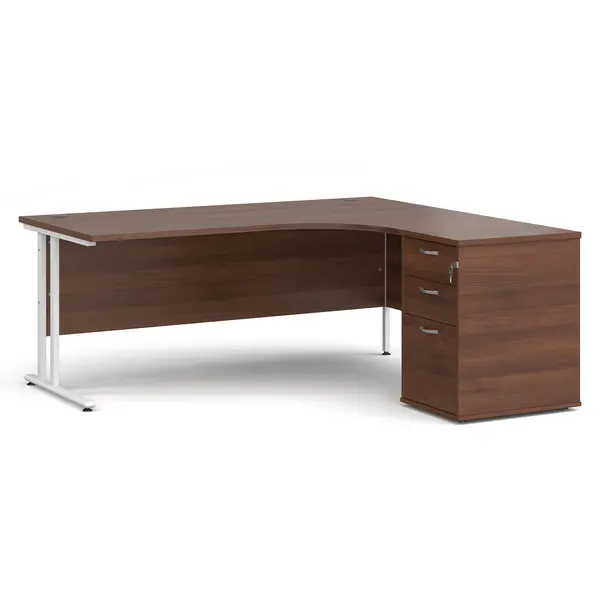 Maestro 25 Right Hand Ergonomic Office Desk 1800mm with White Cantilever Frame and Office Desk High Pedestal - Walnut