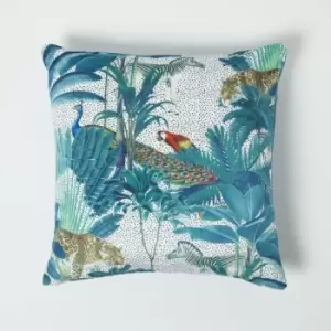 Teal Jungle & Parrot Velvet Cushion 46 x 46cm - Teal, White - Homescapes