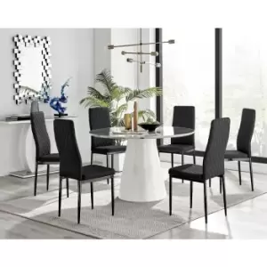 Furniturebox Palma White Marble Effect 120cm Round Minimalist Dining Table & 6 Black Milan Black Leg Faux Leather Chairs