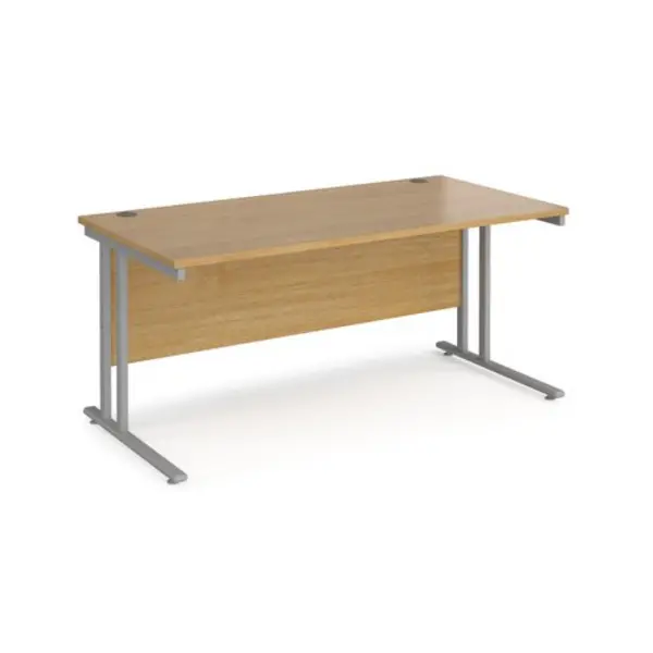 Office Desk 1600mm Rectangular Desk With Cantilever Leg Oak Tops With Silver Frames 800mm Depth Maestro 25