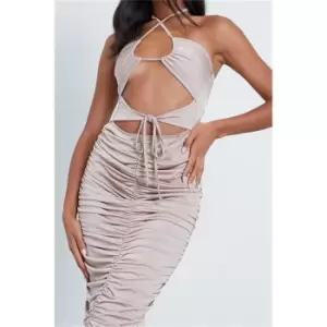 I Saw It First Stone Slinky Cut Out Halterneck Ruched Front Midi Dress - Brown