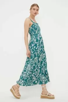 Green Paisley Print Shirred Strappy Midi Dress