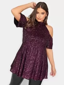 Yours Sequin Choker Cold Shoulder, Pink, Size 30-32, Women