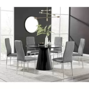 Furniture Box Palma Black Semi Gloss Round Dining Table and 6 Grey Milan Chrome Leg Chairs