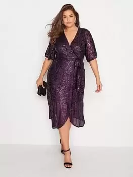 Yours Sequin Double Mesh Wrap Dress - Purple, Purple, Size 26-28, Women