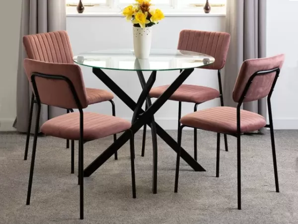 Seconique Sheldon Glass and Black Dining Table and 4 Pink Velvet Chairs