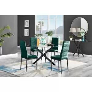 Furniture Box Novara Black Leg 120Cm Round Glass Dining Table and 4 Green Velvet Milan Black Leg Chairs