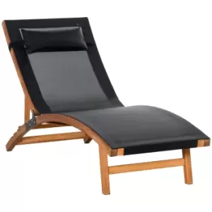 Outsunny Ergonomic Patio Lounge Chair Wooden Outdoor Chaise w/ 3 Adjustable Back and Removable Headrest Pillow for Garden Black