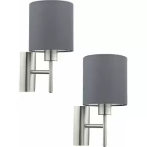 2 pack Wall Light Colour Satin Nickel Shade Grey Fabric Rocker Switch E27 1x60W