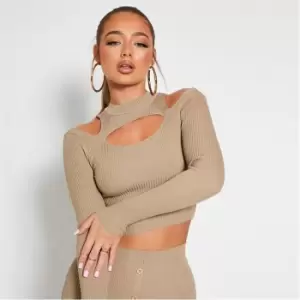 I Saw It First Rib Cold Shoulder Cut Out Knit Crop Top - Neutral